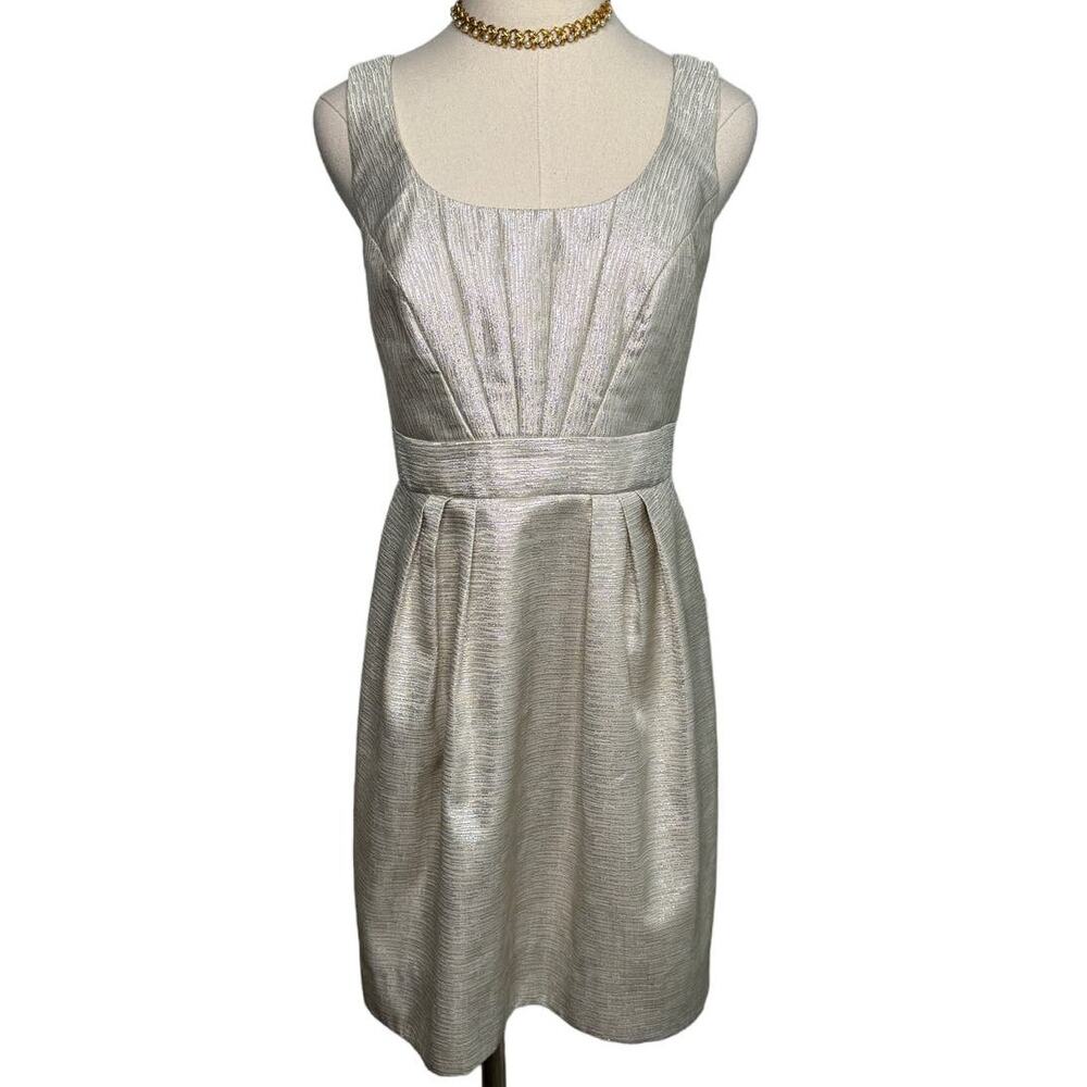 Shoshanna metallic champagne silver cocktail dress pleated w/ pockets size 6 - Picture 2 of 7